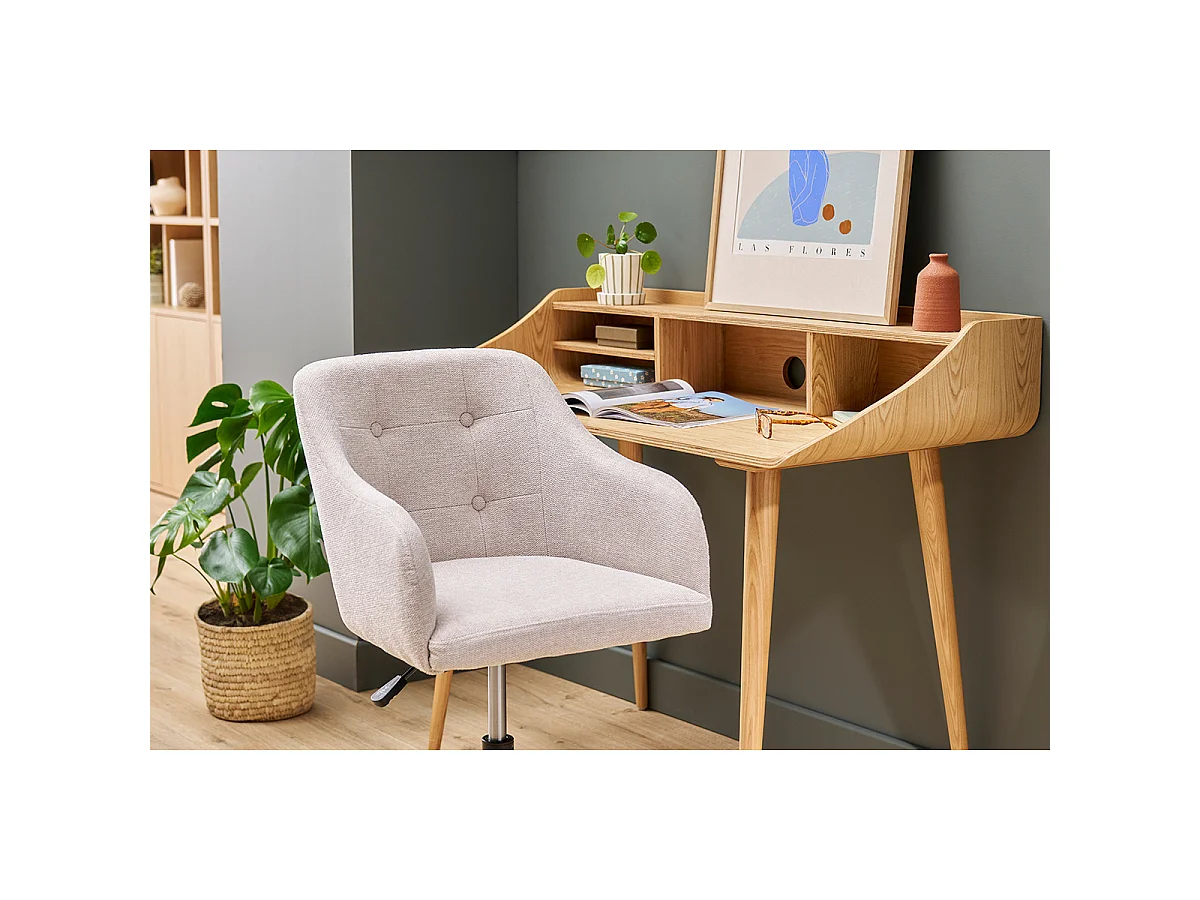 Silla de oficina acolchada con ruedas de tela de terciopelo texturizado beige y metal negro BALTIK