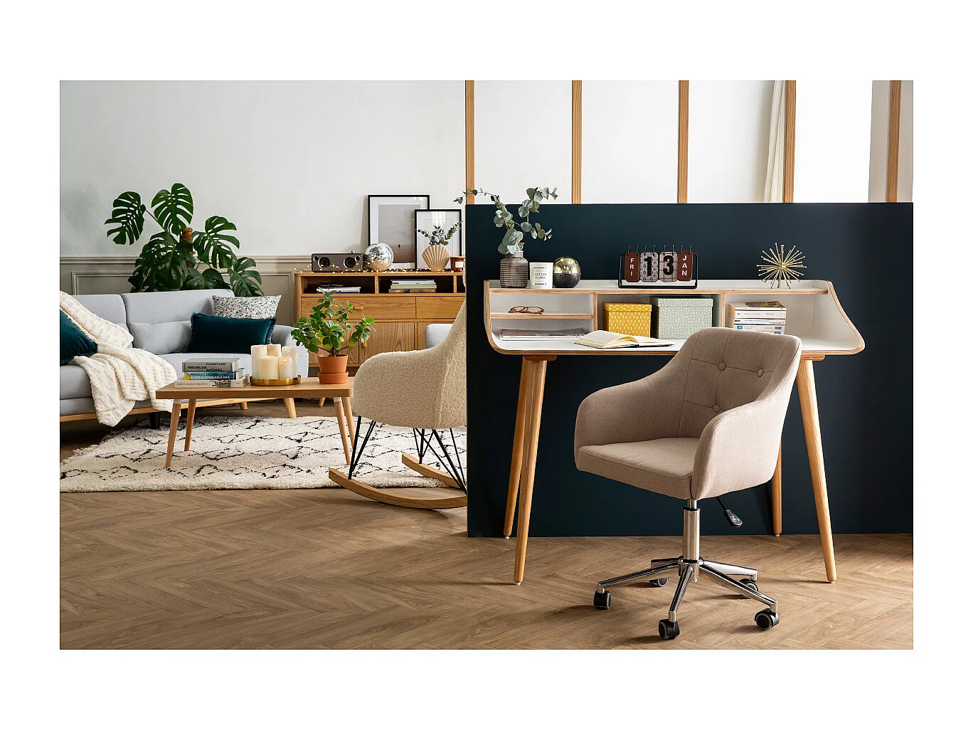 Silla de oficina capitoné con ruedas de tela efecto terciopelo texturizado verde gris y metal cromado BALTIK