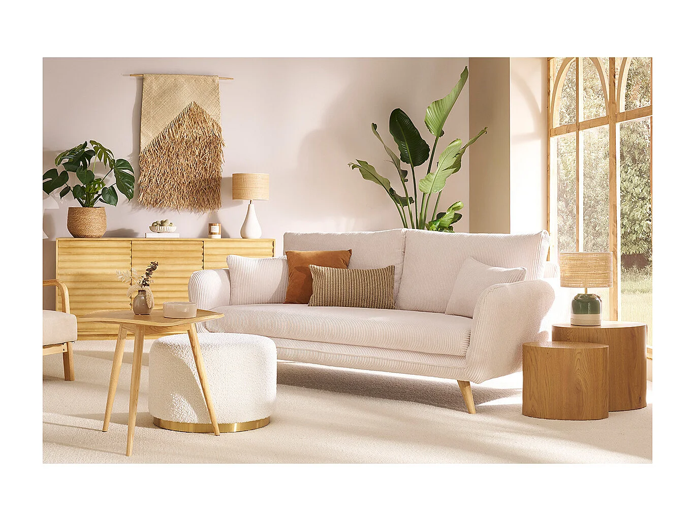 Canapé scandinave 3 places en tissu velours côtelé écru et bois clair CREEP