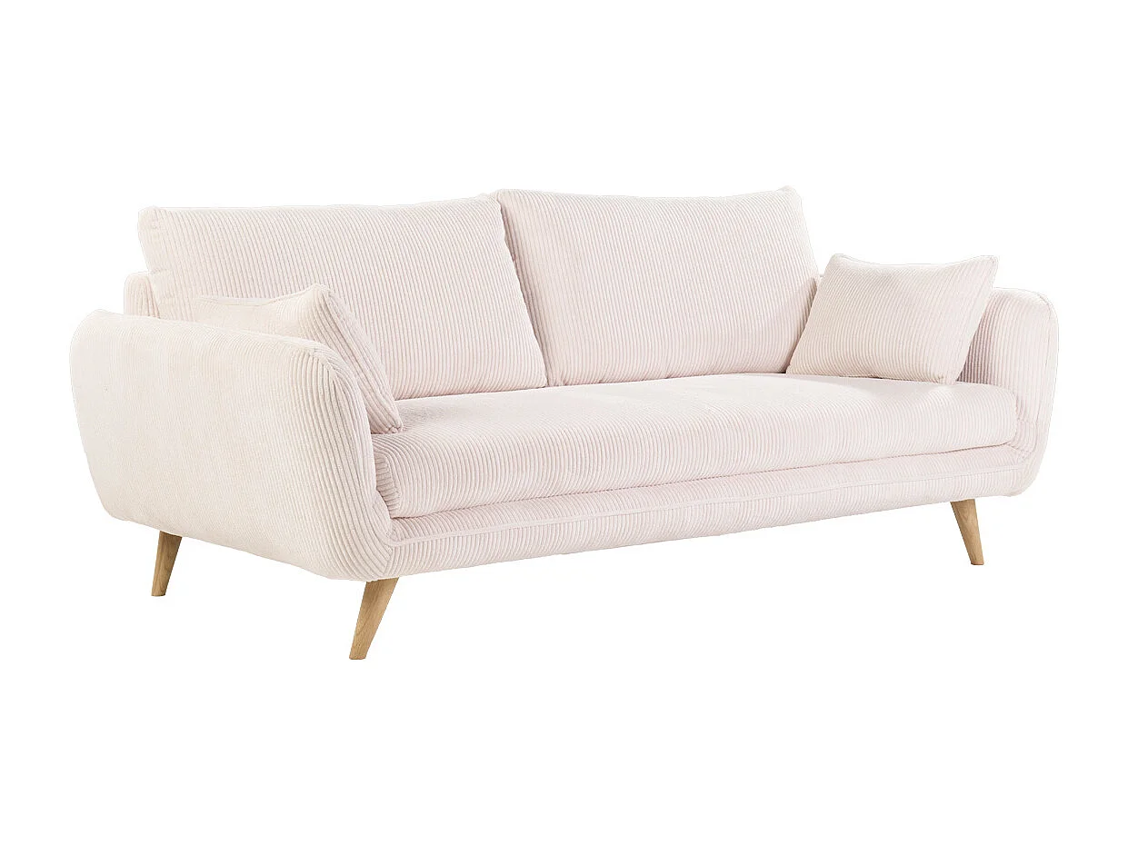 Canapé scandinave 3 places en tissu velours côtelé écru et bois clair CREEP