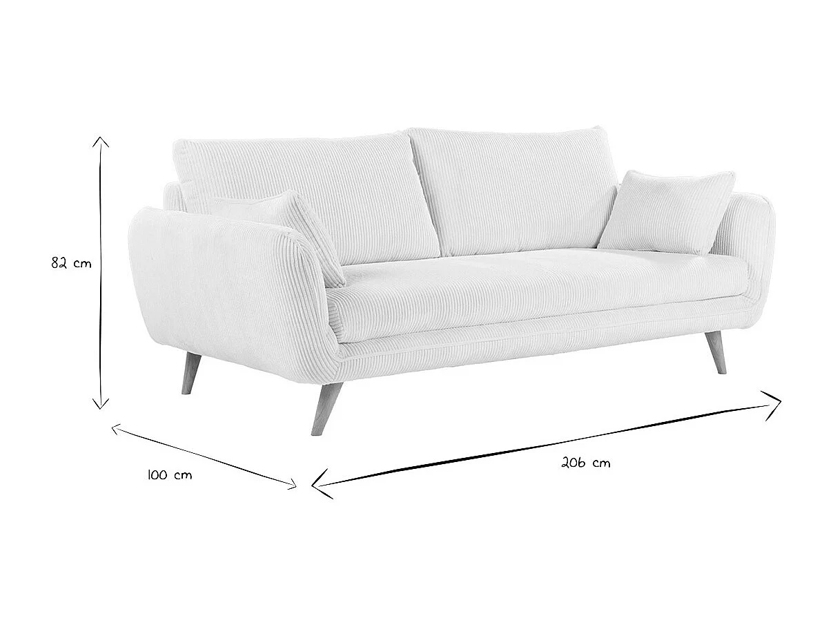 Canapé scandinave 3 places en tissu velours côtelé écru et bois clair CREEP