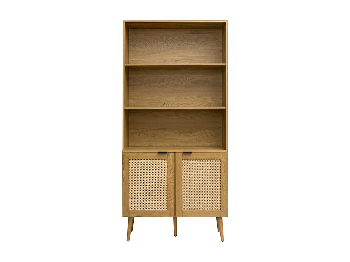 Libreria in legno chiaro, intreccio di rattan e metallo nero L90 MANILLE