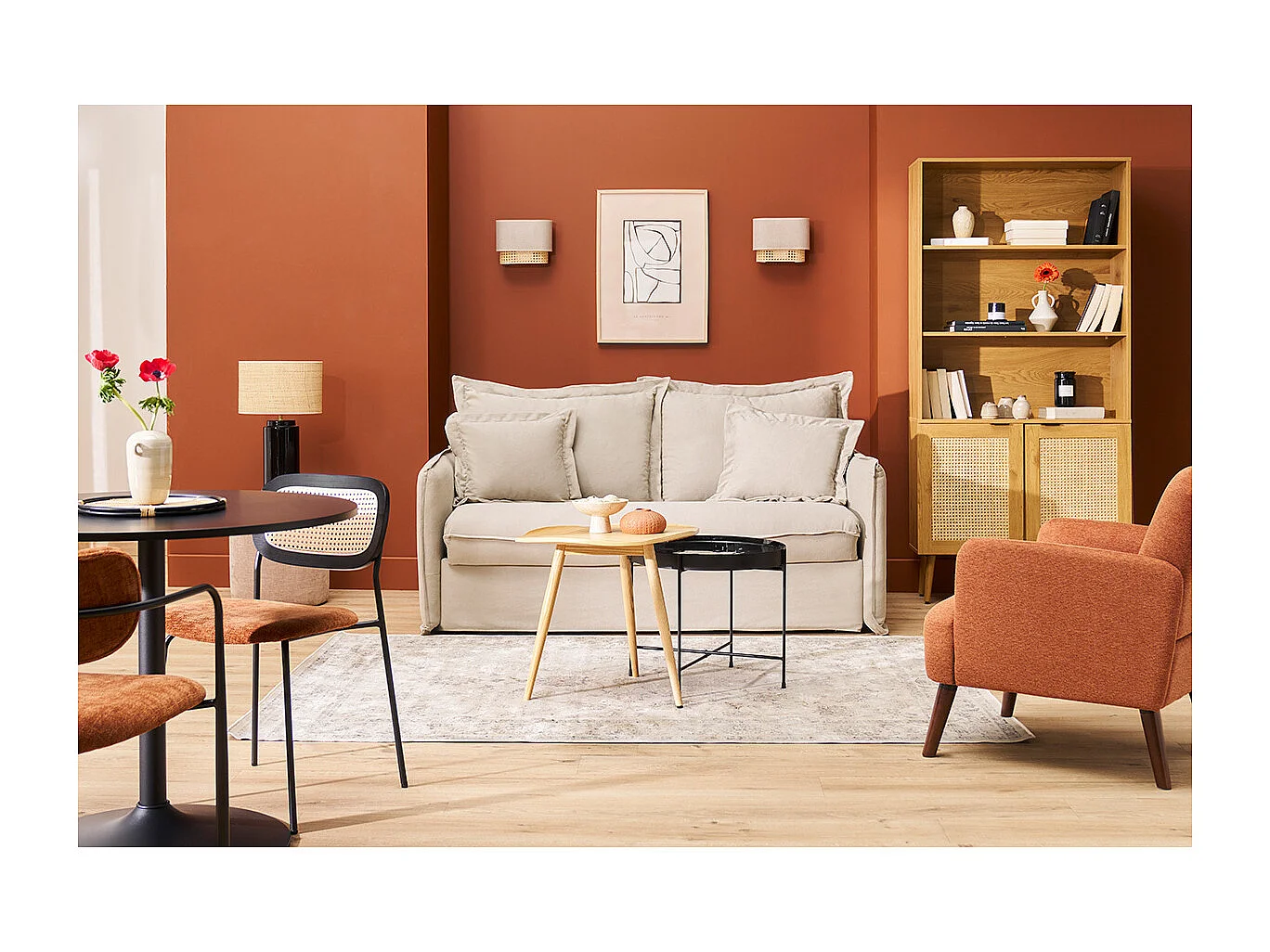 Libreria in legno chiaro, intreccio di rattan e metallo nero L90 MANILLE