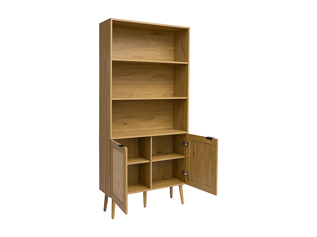 Libreria in legno chiaro, intreccio di rattan e metallo nero L90 MANILLE