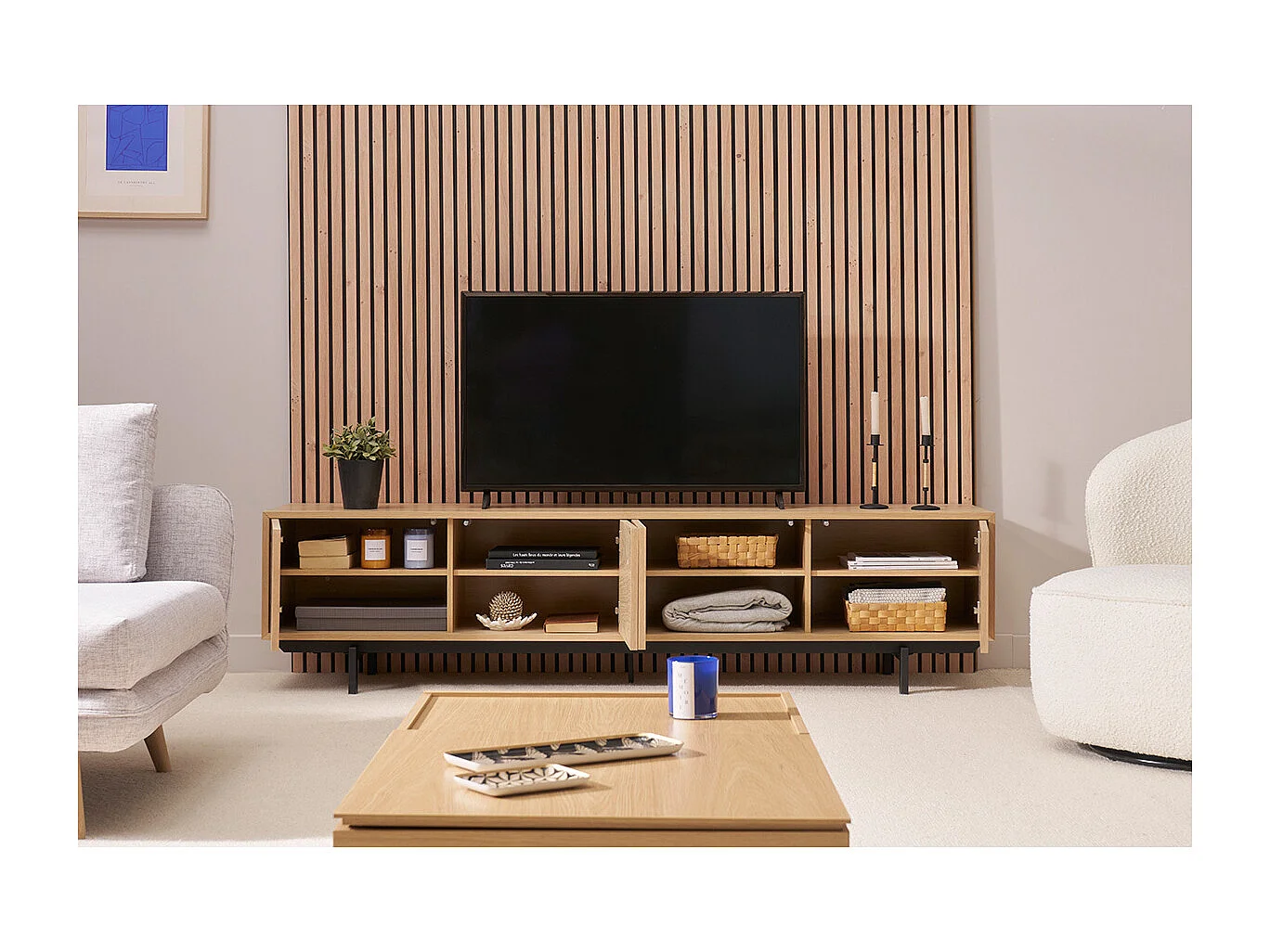 Meuble TV finition bois chêne et métal noir L200 cm MANNY