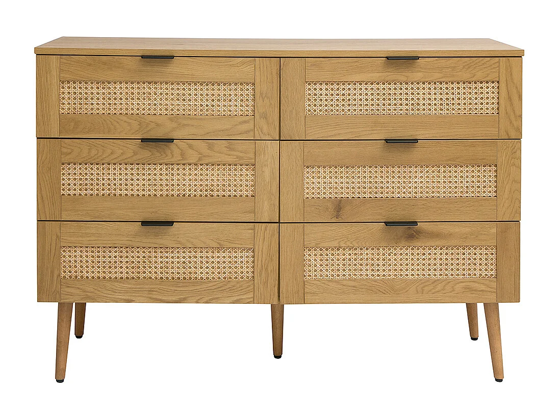 Cómoda acabado en madera clara, rejilla de ratán y metal negro 3 cajones L120 cm MANILLE