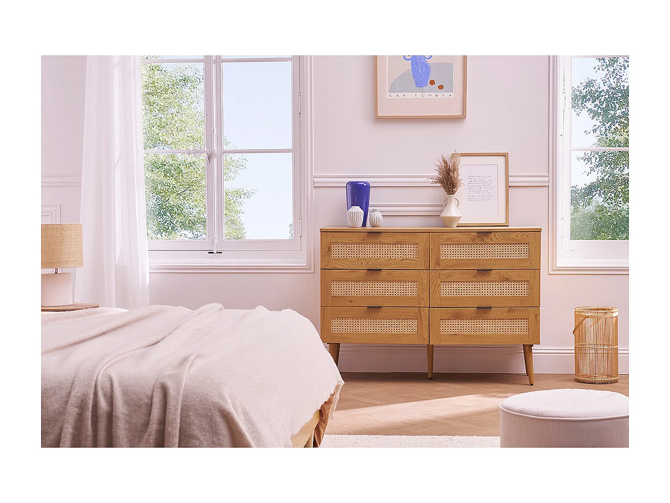 Cómoda acabado en madera clara, rejilla de ratán y metal negro 3 cajones L120 cm MANILLE