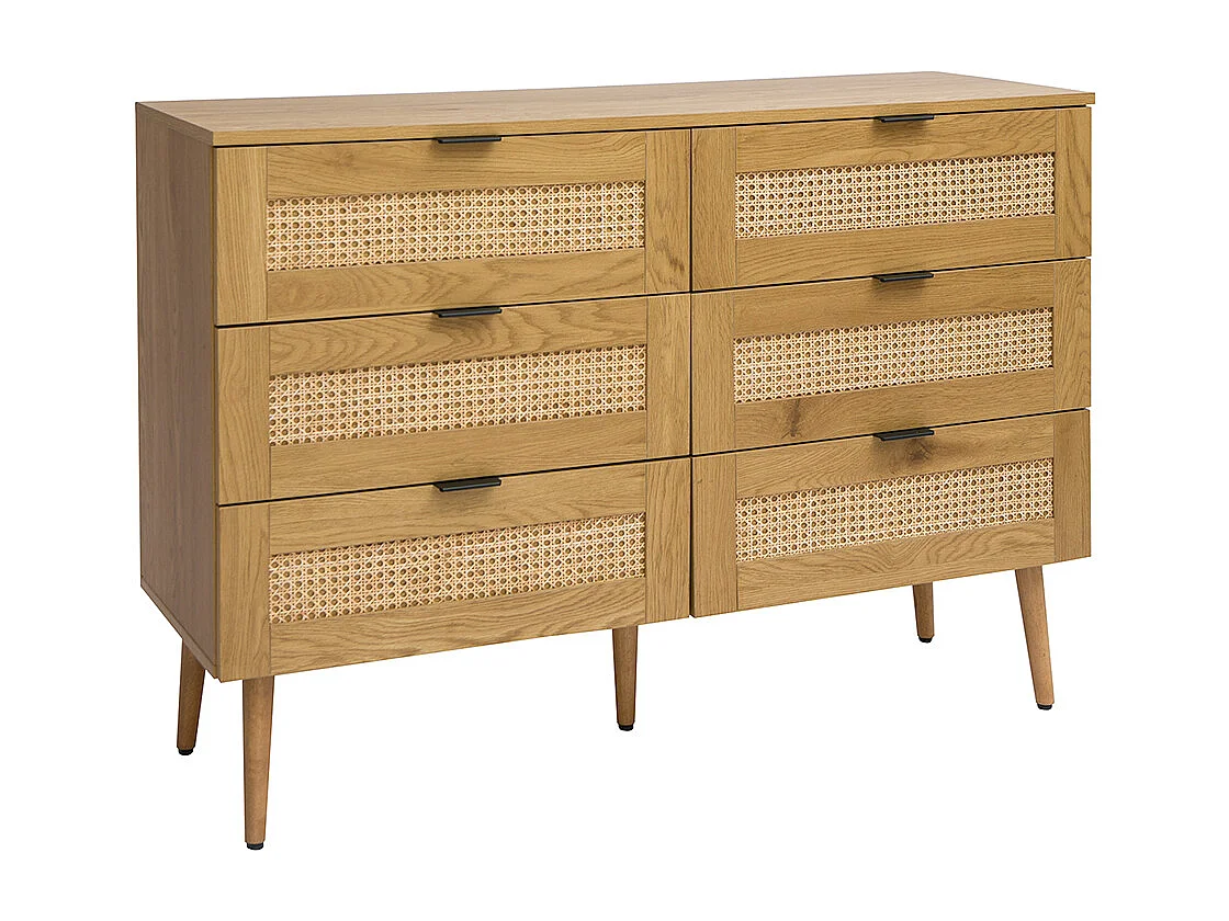 Cómoda acabado en madera clara, rejilla de ratán y metal negro 3 cajones L120 cm MANILLE