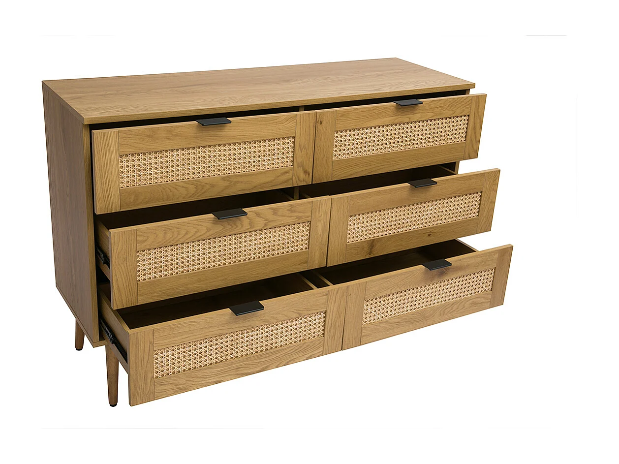 Cómoda acabado en madera clara, rejilla de ratán y metal negro 3 cajones L120 cm MANILLE