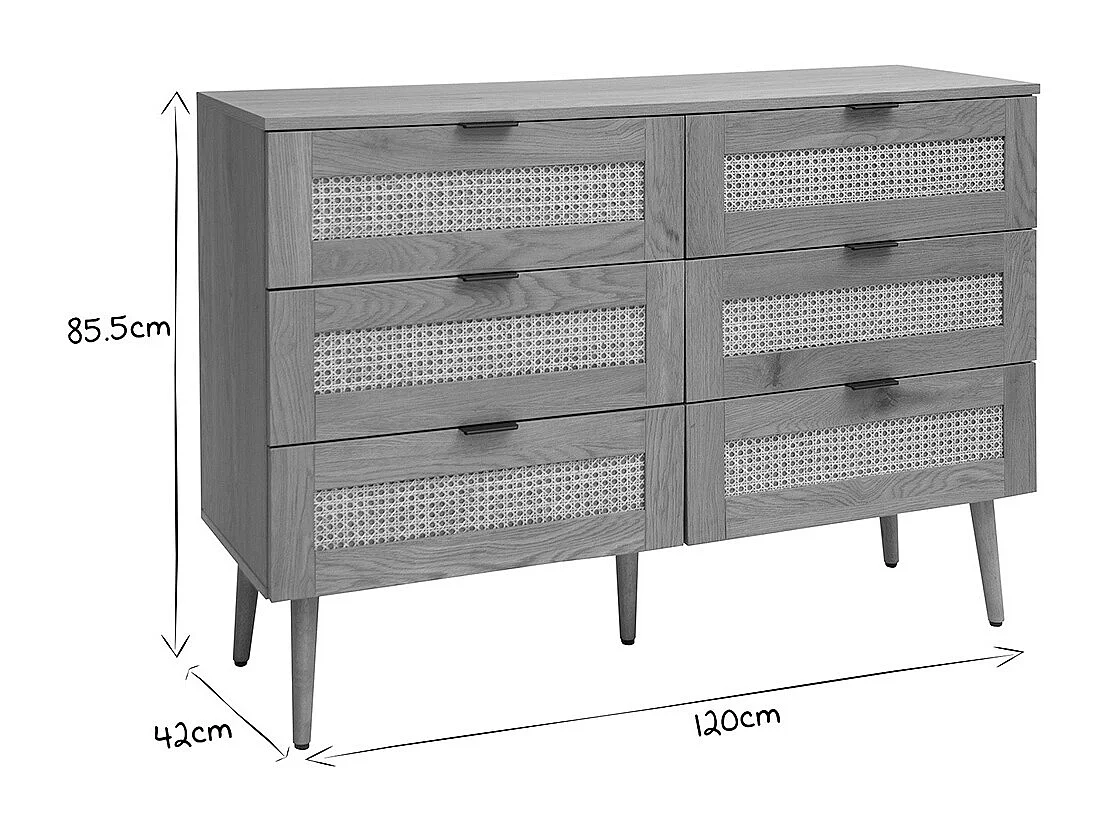 Cómoda acabado en madera clara, rejilla de ratán y metal negro 3 cajones L120 cm MANILLE