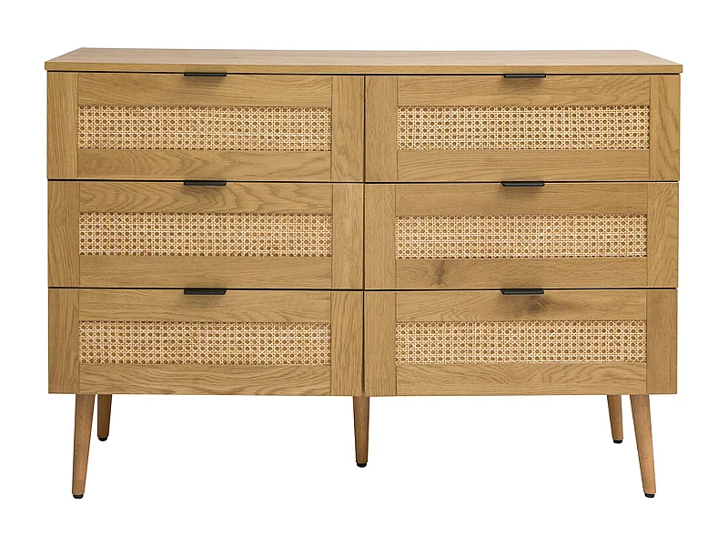 Cómoda acabado en madera clara, rejilla de ratán y metal negro 3 cajones L120 cm MANILLE