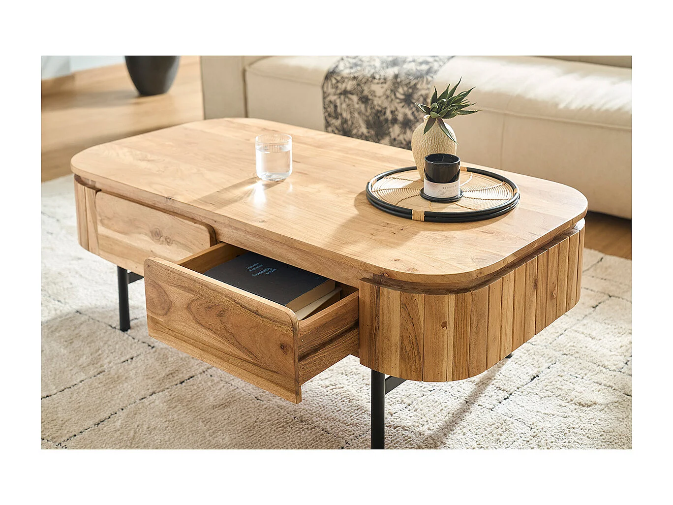 Mesa de centro con almacenaje de madera maciza y metal negro con 4 cajones 115 cm NAPOLI