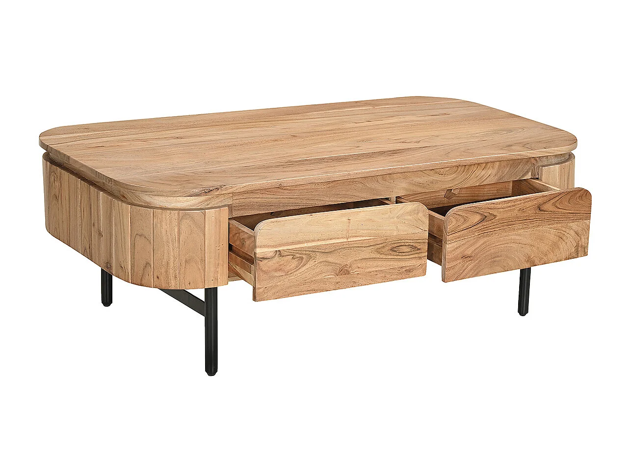 Table basse avec rangements en bois massif et métal noir 4 tiroirs L115 cm NAPOLI