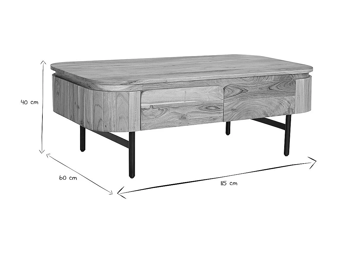 Table basse avec rangements en bois massif et métal noir 4 tiroirs L115 cm NAPOLI