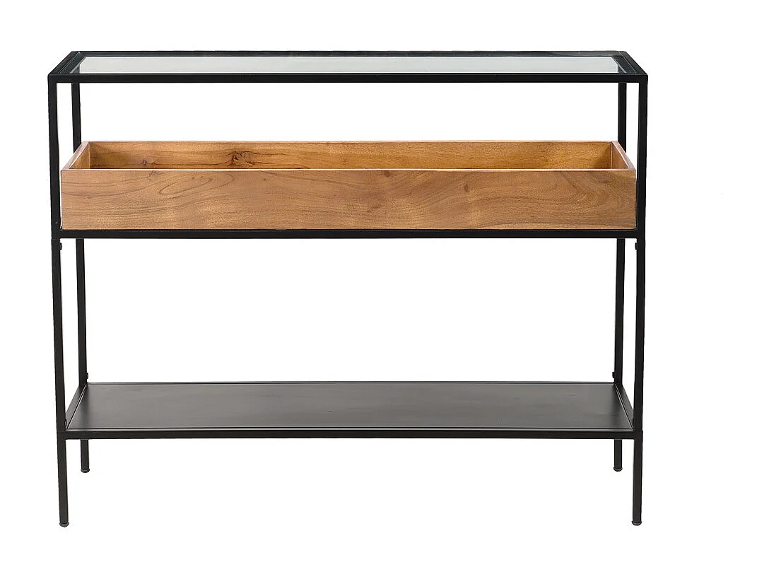 Consolle in metallo nero con ripiano vetro e scomparto legno massello L100 cm HAORA