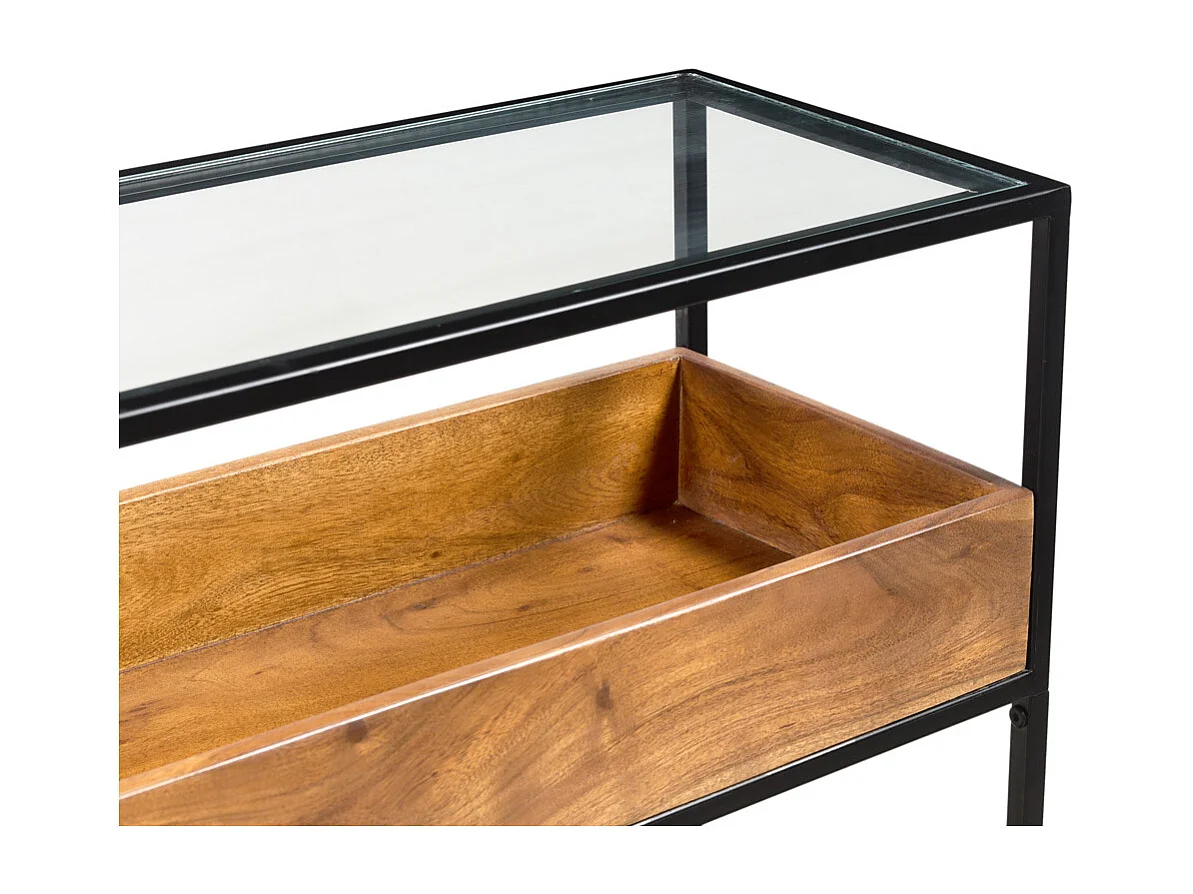 Consolle in metallo nero con ripiano vetro e scomparto legno massello L100 cm HAORA