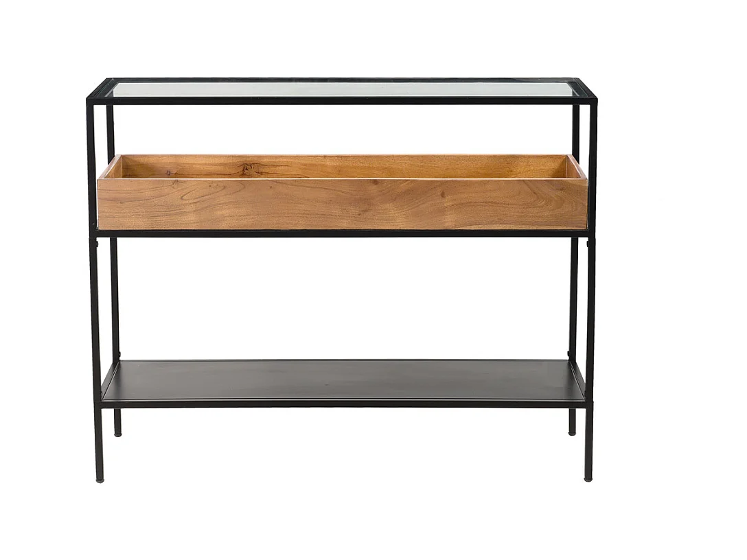 Console avec plateau en verre, rangement en bois massif et métal noir L100 cm HAORA