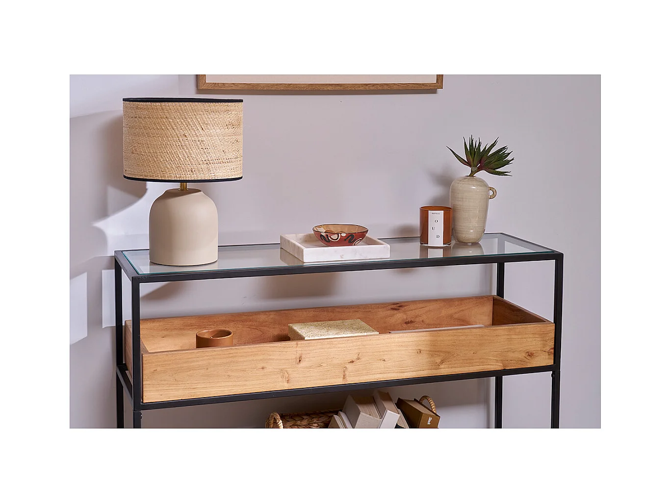 Konsole aus schwarzem Metall mit Glasplatte und Fach aus Massivholz L100 cm HAORA