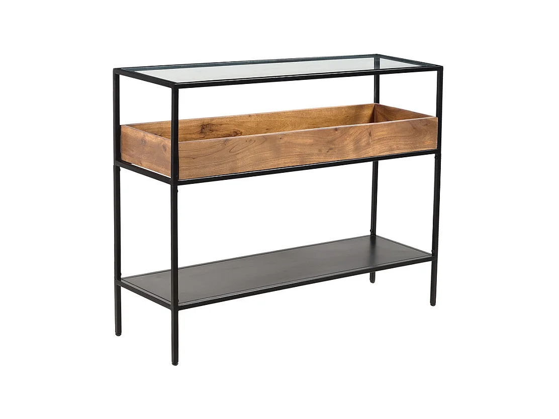 Konsole aus schwarzem Metall mit Glasplatte und Fach aus Massivholz L100 cm HAORA