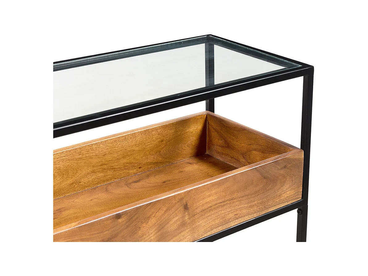 Konsole aus schwarzem Metall mit Glasplatte und Fach aus Massivholz L100 cm HAORA