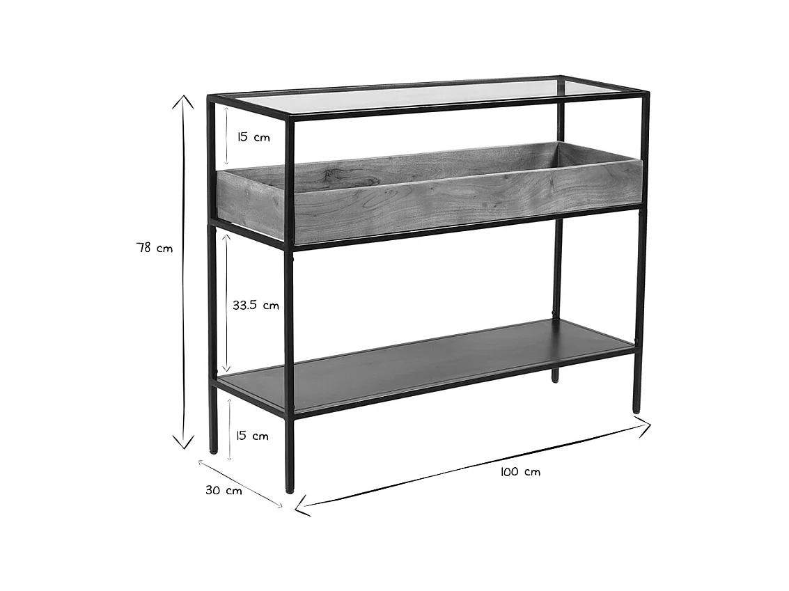 Konsole aus schwarzem Metall mit Glasplatte und Fach aus Massivholz L100 cm HAORA