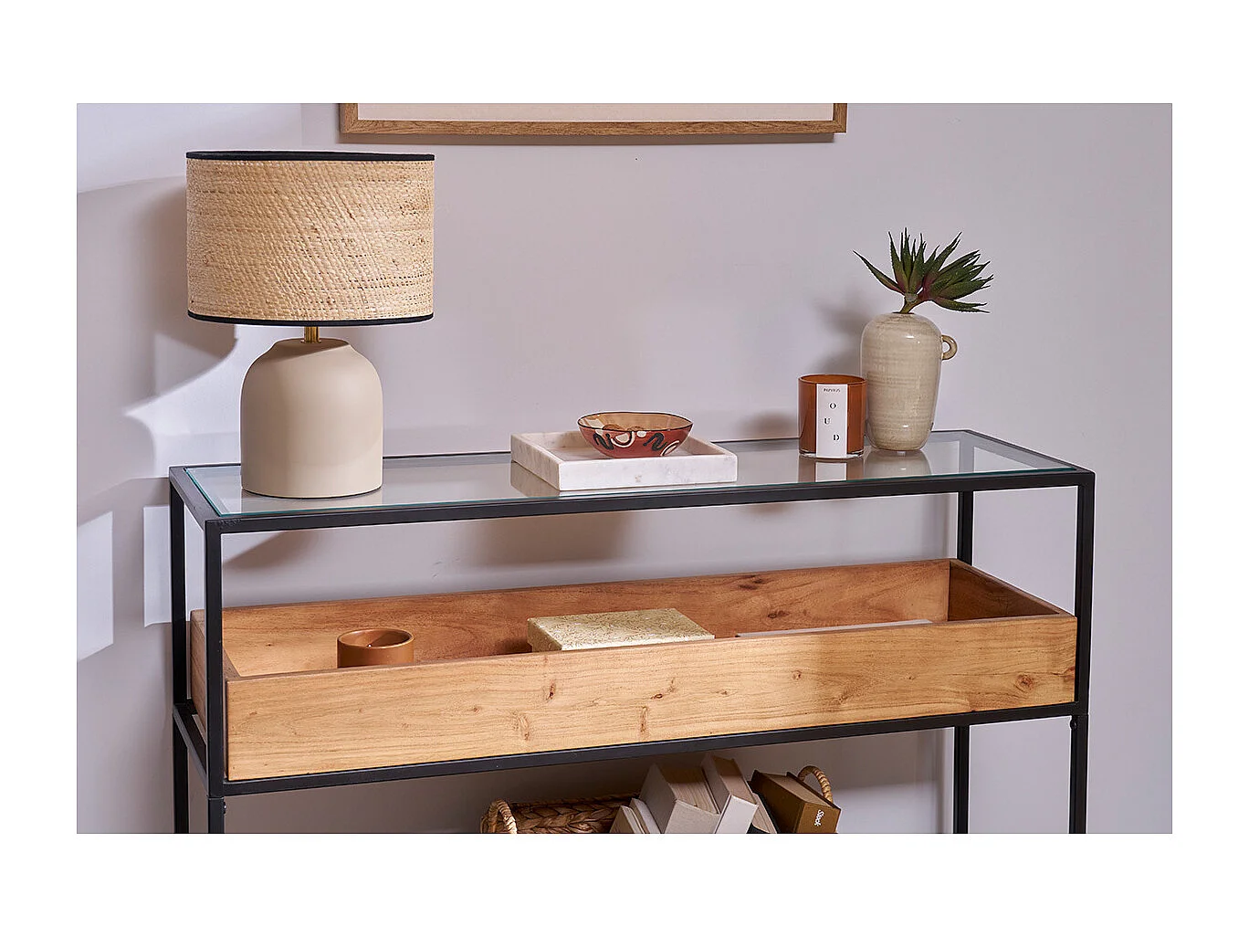 Console avec plateau en verre, rangement en bois massif et métal noir L100 cm HAORA