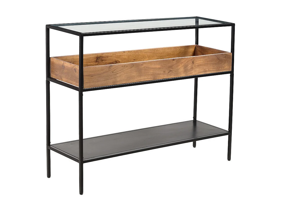 Console avec plateau en verre, rangement en bois massif et métal noir L100 cm HAORA
