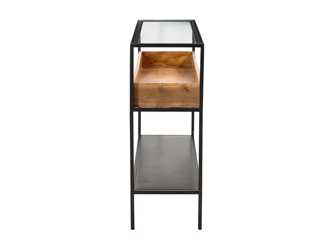 Console avec plateau en verre, rangement en bois massif et métal noir L100 cm HAORA