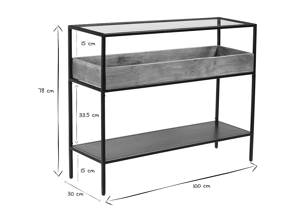 Console avec plateau en verre, rangement en bois massif et métal noir L100 cm HAORA