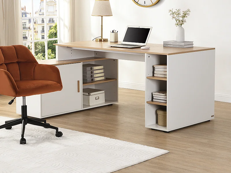 Bureau d'angle avec rangements - MDF - Blanc et naturel - ROMIARA