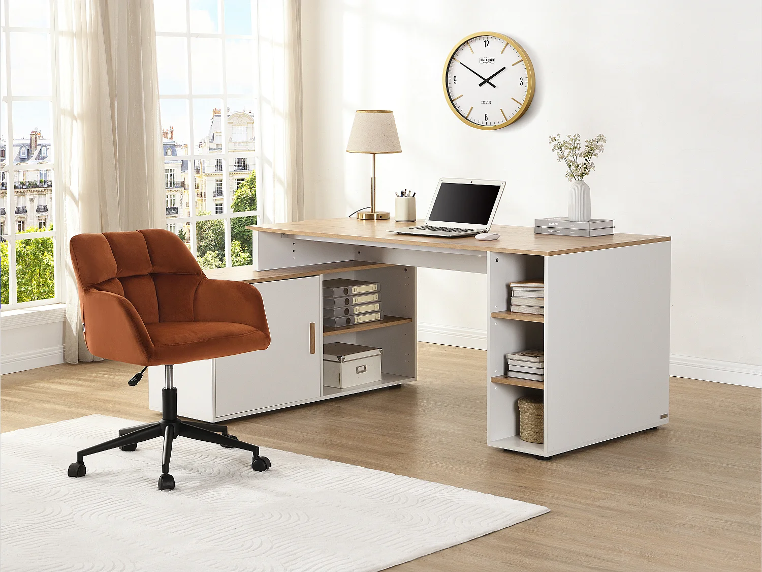 Bureau d'angle avec rangements - MDF - Blanc et naturel - ROMIARA