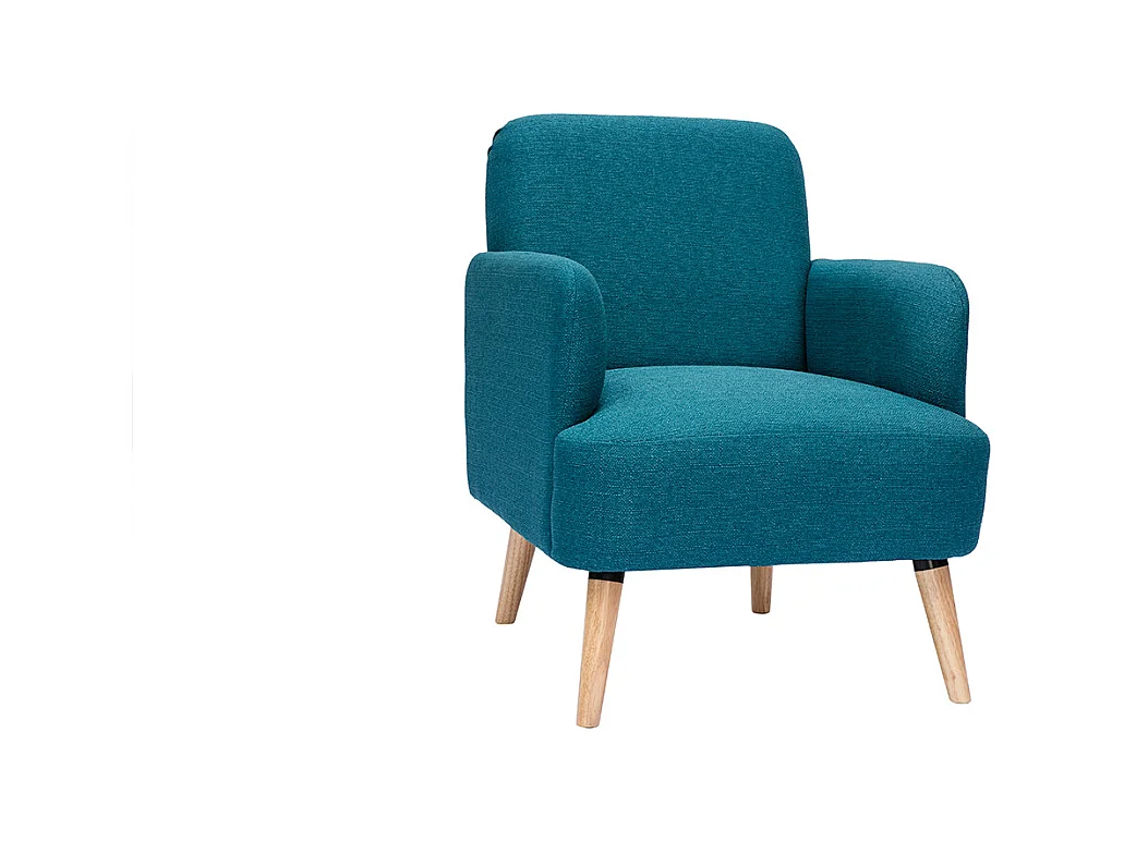 Fauteuil scandinave en tissu bleu canard et bois clair ISKO