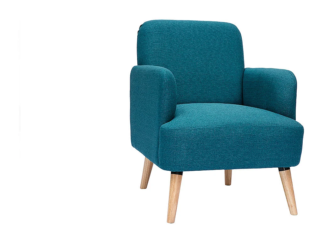Fauteuil scandinave en tissu bleu canard et bois clair ISKO