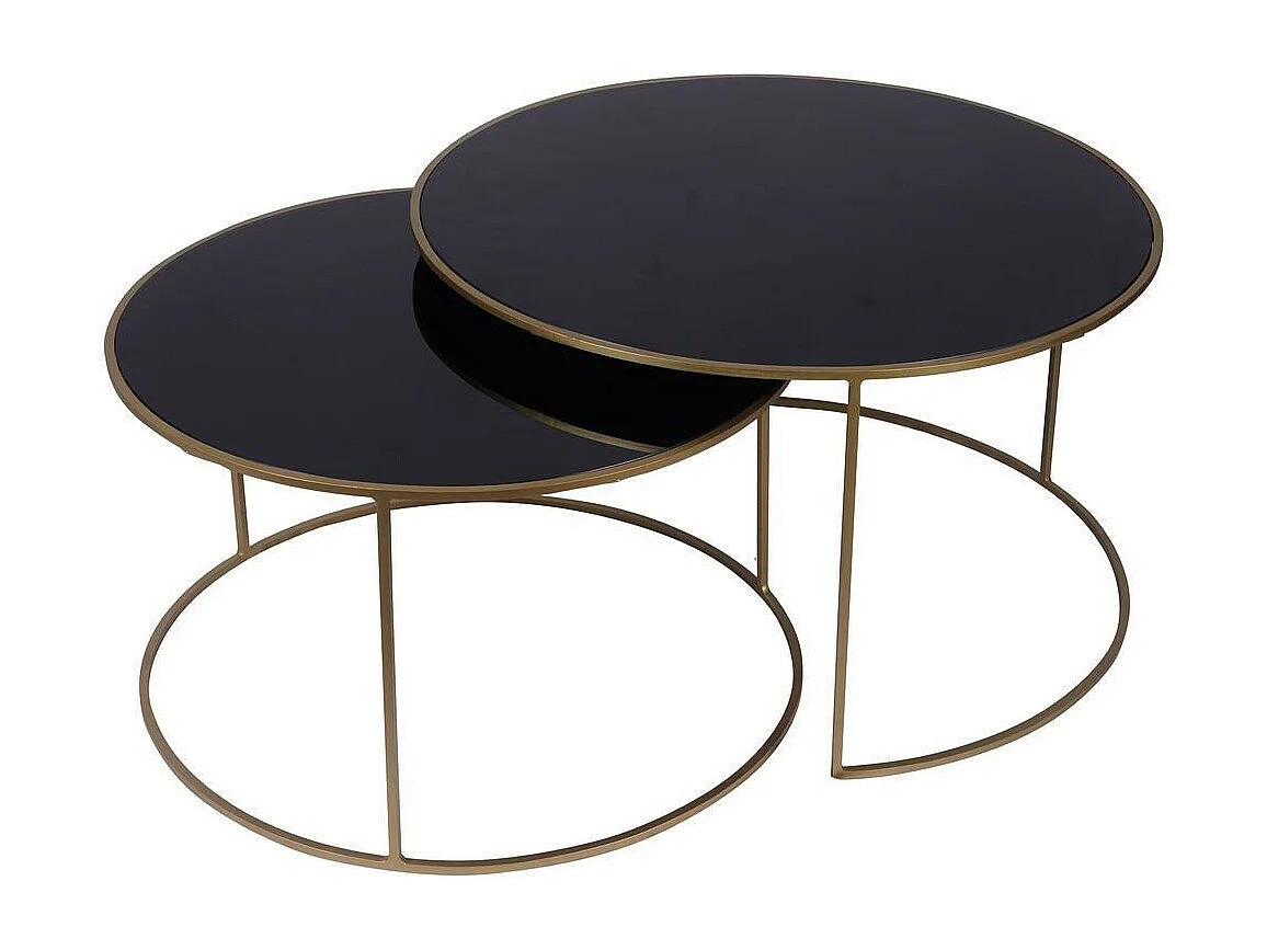 Tables basses gigognes rondes design métal doré et verre teinté noir (lot de 2) ROXO