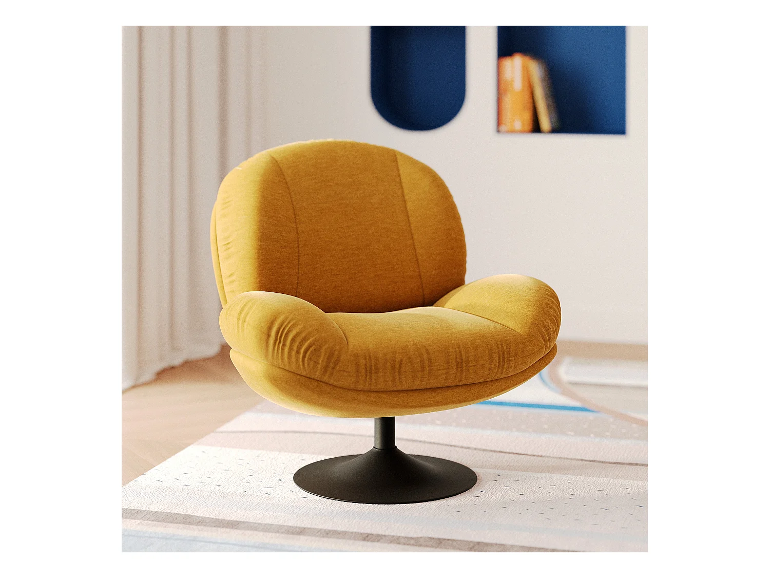 Sillón giratorio en tejido efecto terciopelo amarillo mostaza - Ricci
