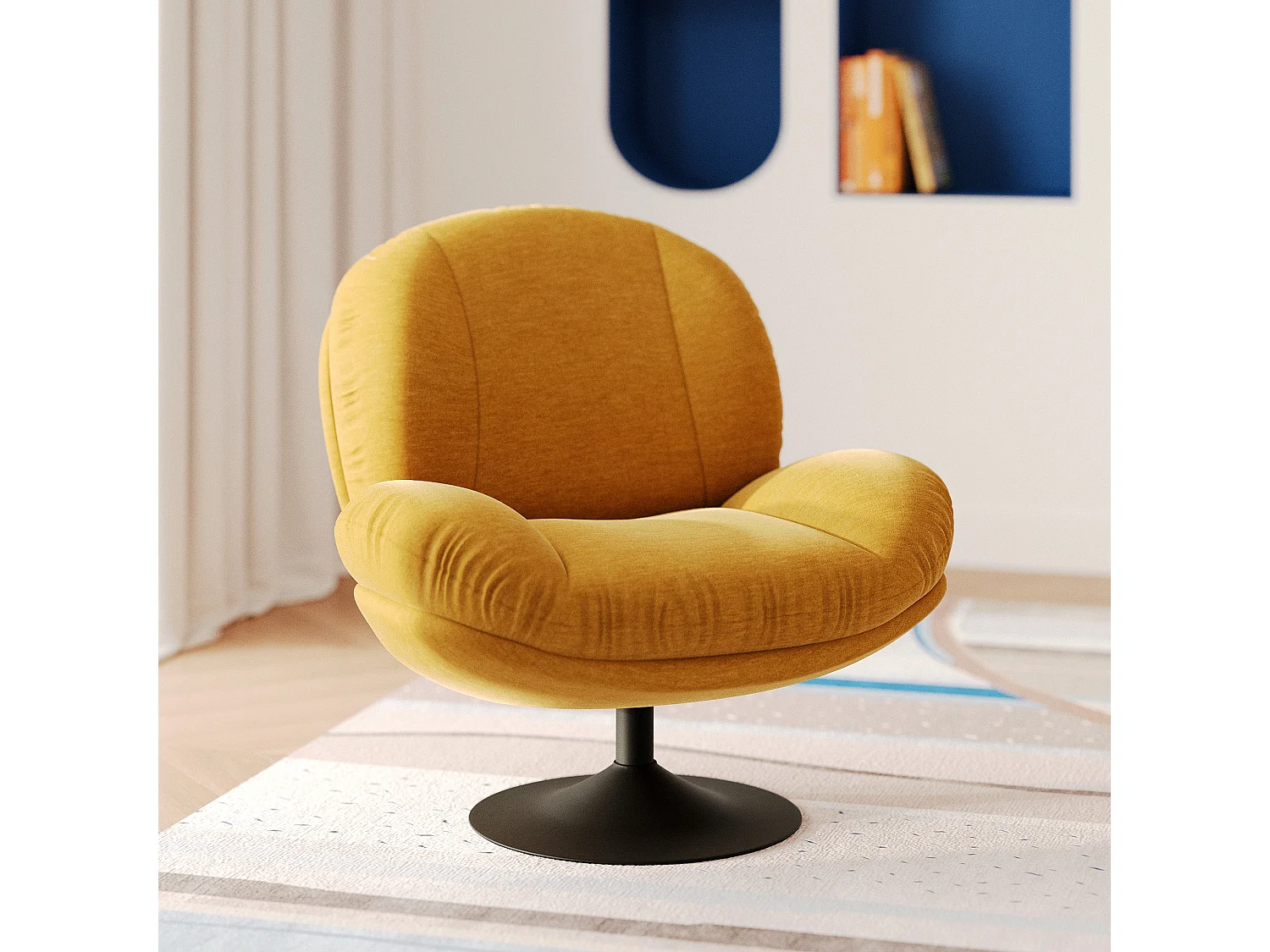 Fauteuil pivotant en tissu effet velours jaune moutarde - Ricci