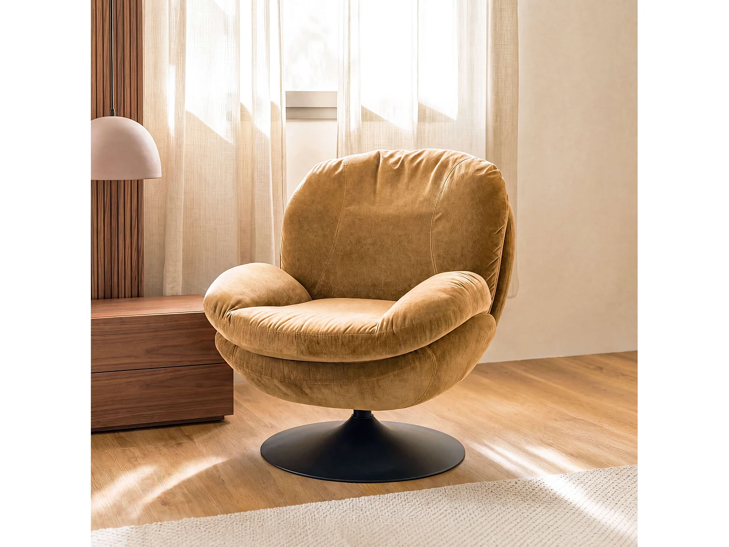 Fauteuil pivotant en tissu effet velours jaune moutarde - Ricci