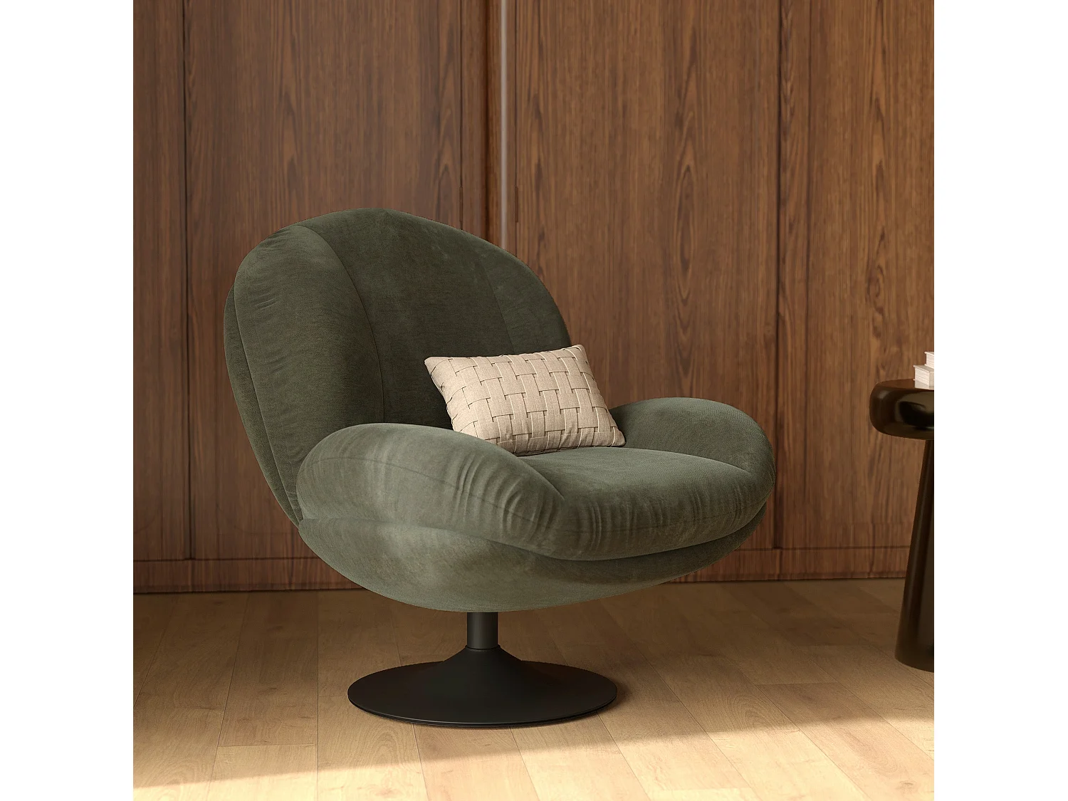 Fauteuil pivotant en tissu effet velours vert kaki - Ricci