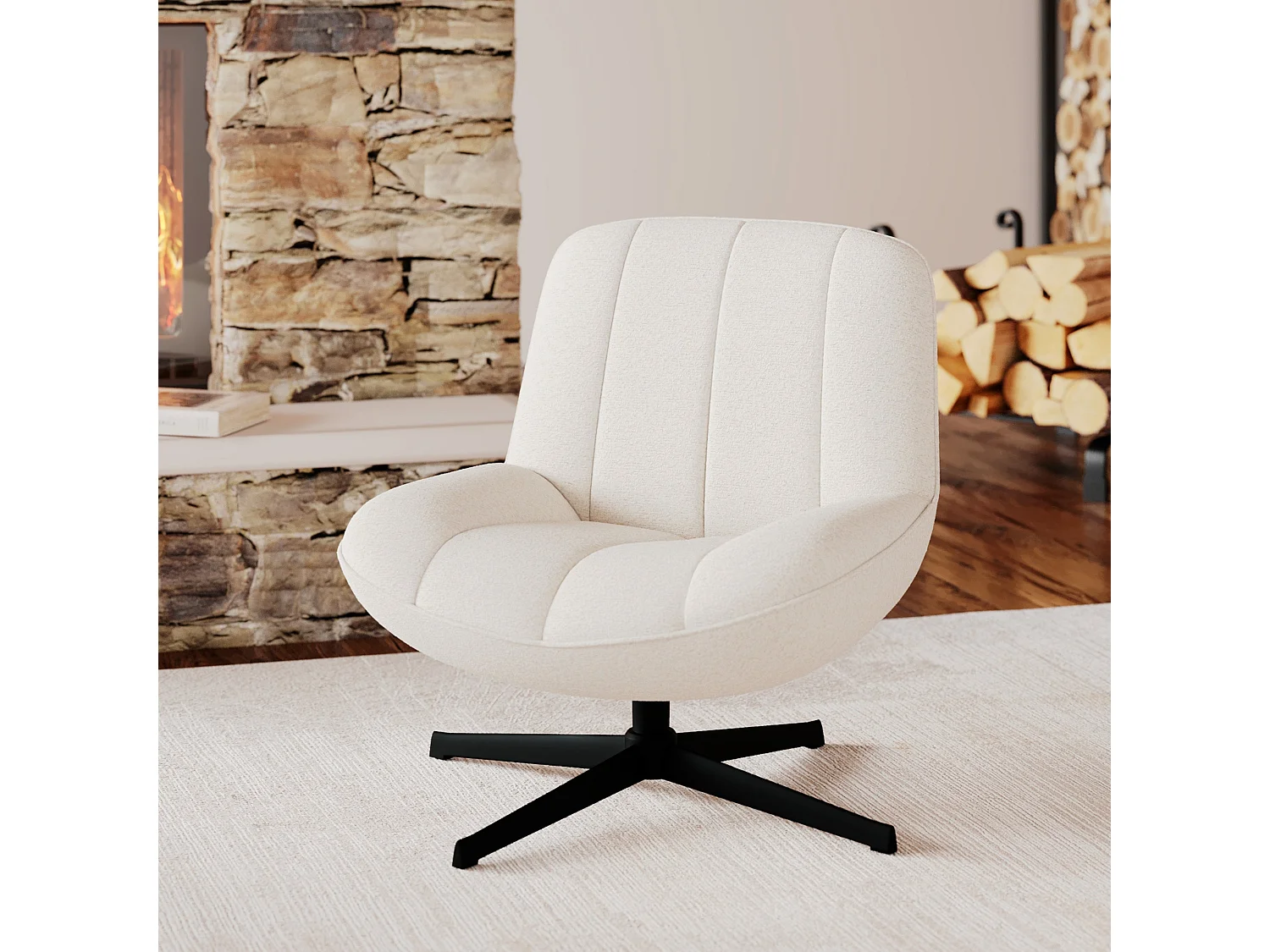 Fauteuil pivotant en tissu bouclé blanc cassé - Elvis