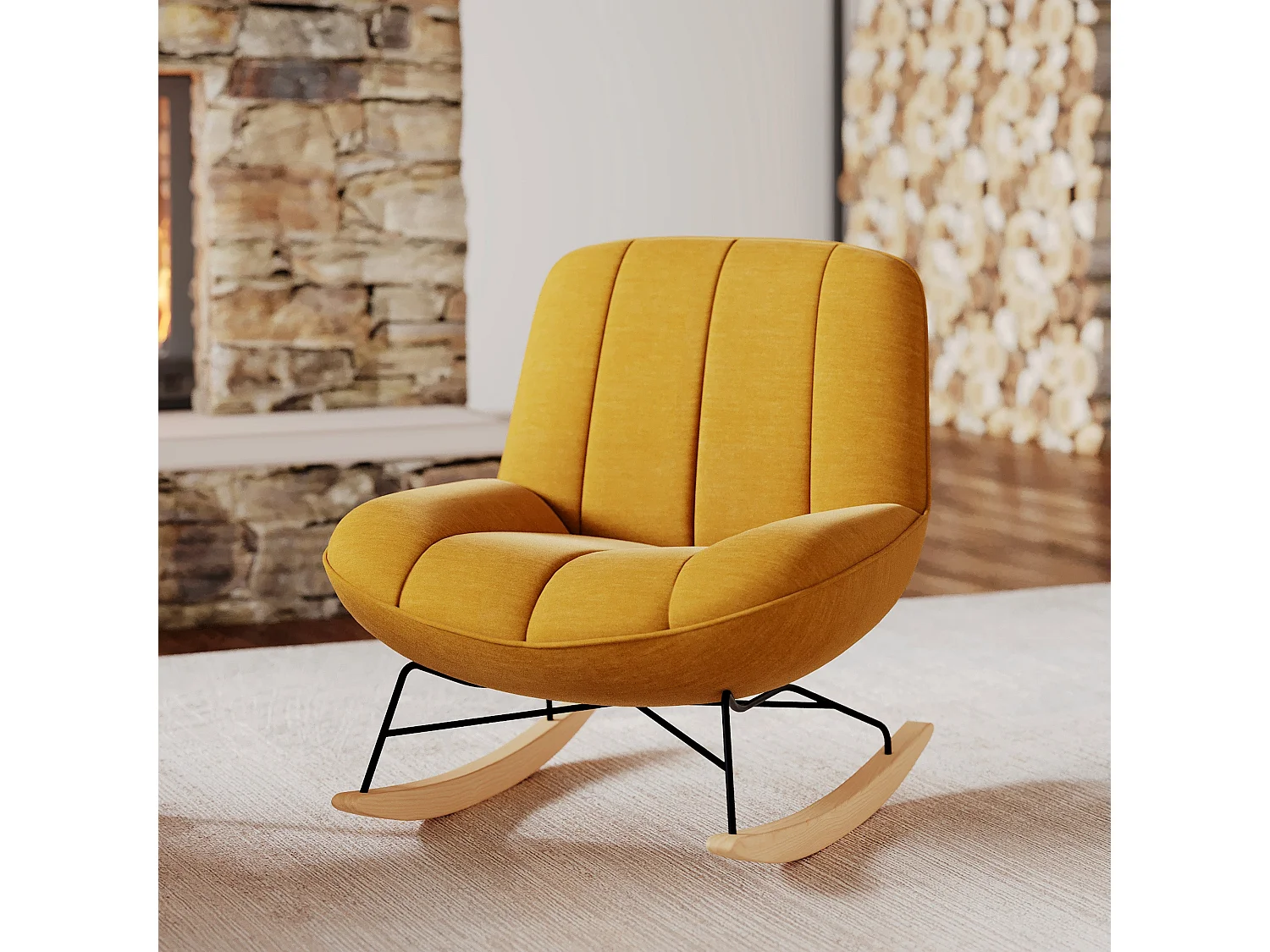 Rocking chair en tissu effet velours jaune moutarde - Alvin