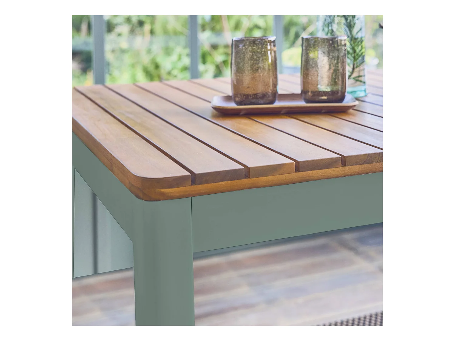 Tavolo da giardino in acacia con angoli arrotondati, 6 posti, verde