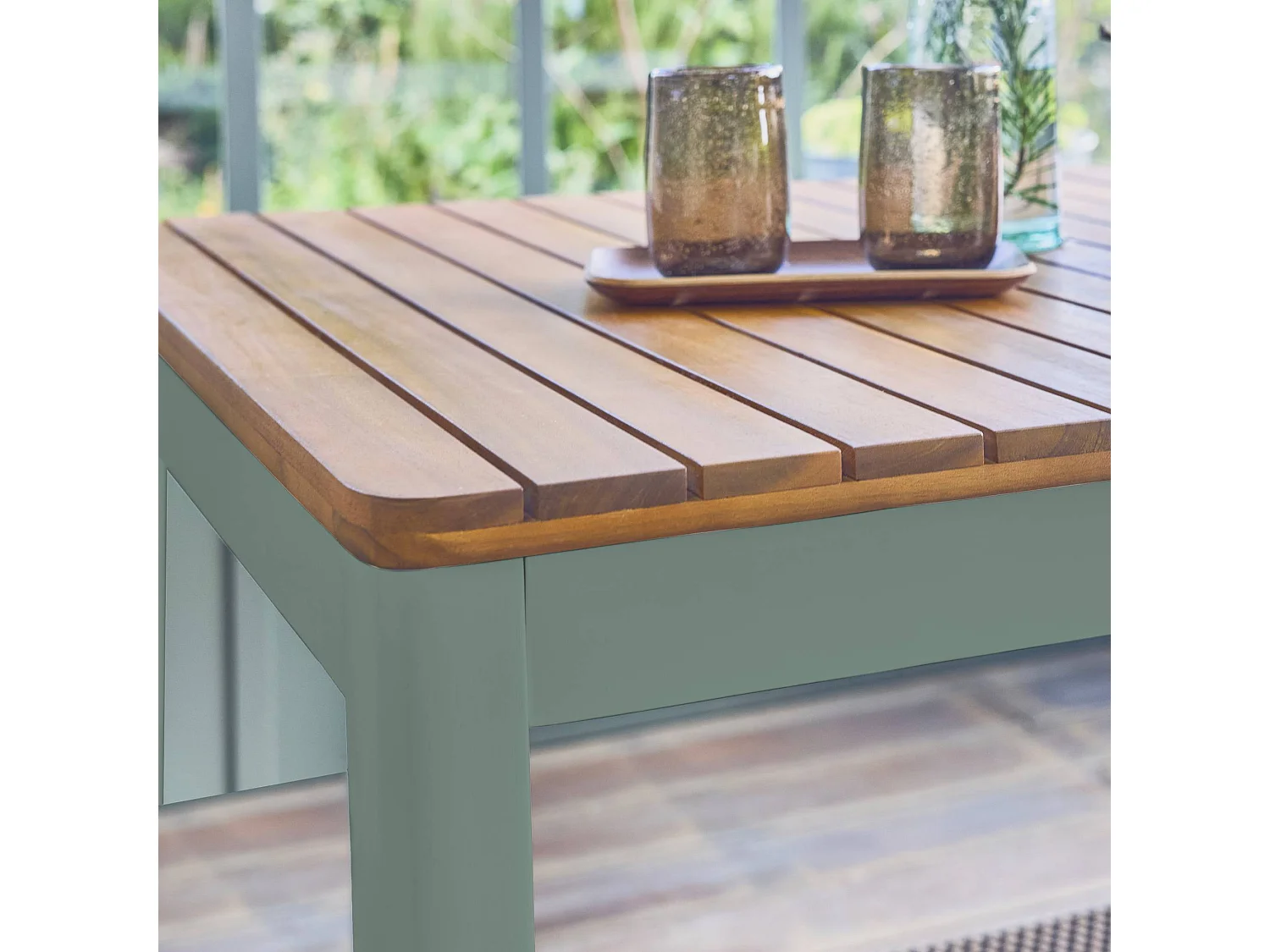 Mesa de jardín de acacia con esquinas redondeadas, 6 plazas verde kaki
