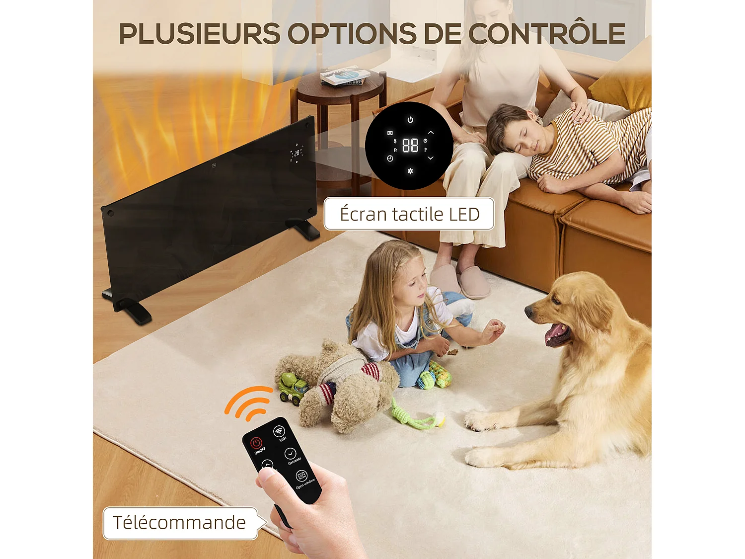 Radiateur à convection 2000W mural autoportant - affichage LED, timer 24h, thermostat, télécommande - verre noir