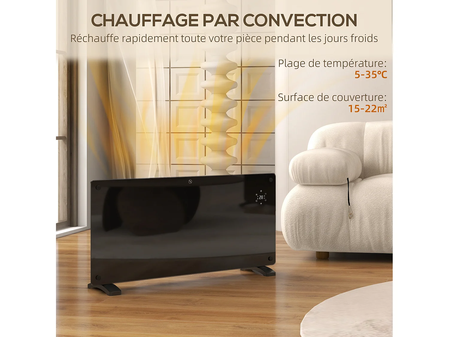 Radiateur à convection 2000W mural autoportant - affichage LED, timer 24h, thermostat, télécommande - verre noir