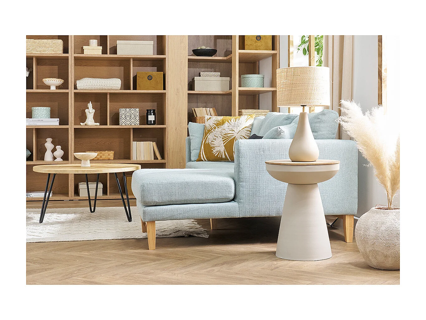 Tavolino da caffè rotondo design con struttura in metallo écru e legno massello di mango H52 cm TAM