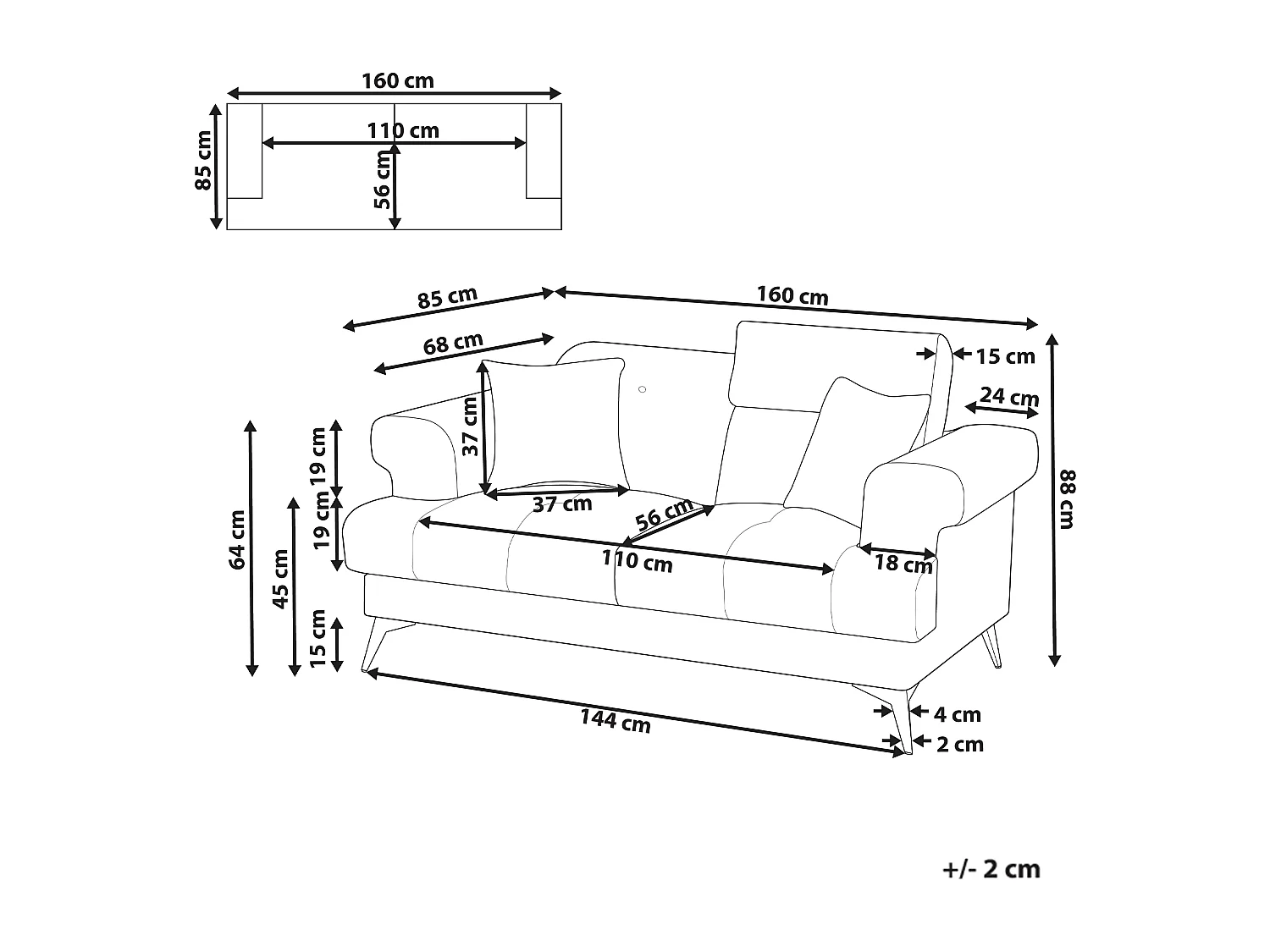 Sofa Stoff beige / taupe 2-Sitzer gepolstert mit verstellbaren Kopfstützen Skive