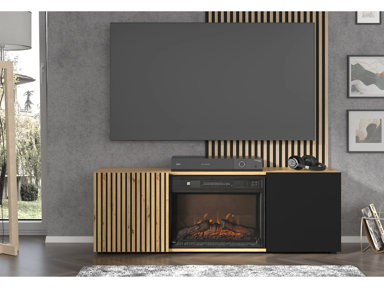 Meuble TV AURIS 150 cm avec cheminée électrique chêne artisan / noir mat