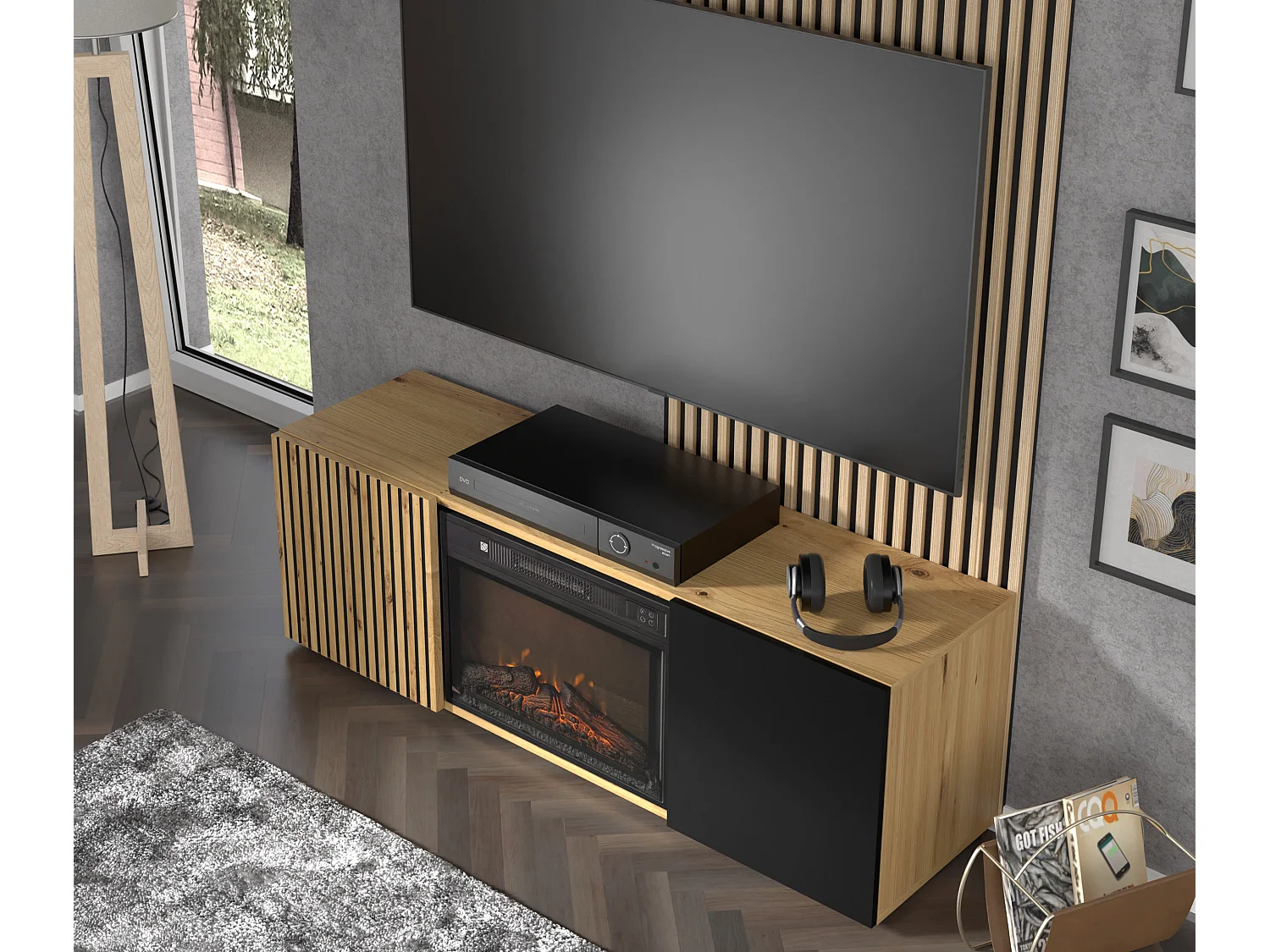 Meuble TV AURIS 150 cm avec cheminée électrique chêne artisan / noir mat