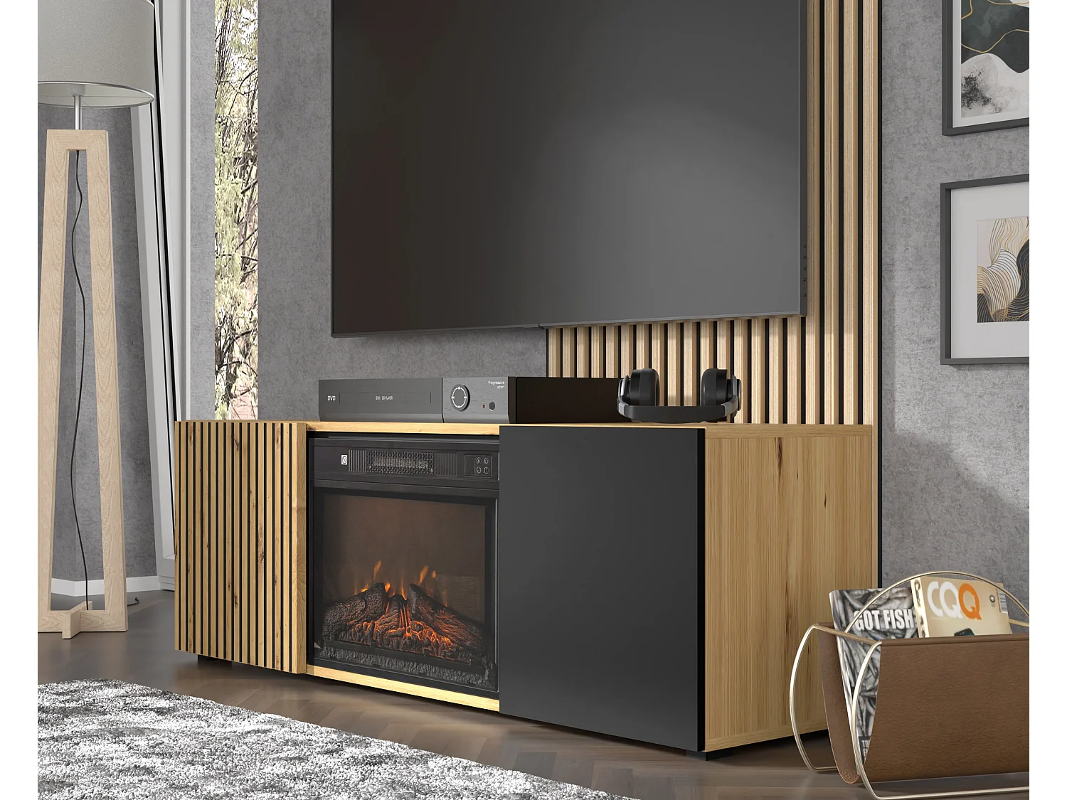 TV-Schrank AURIS 150 cm mit Elektrokamin Eiche Artisan / Schwarz Matt