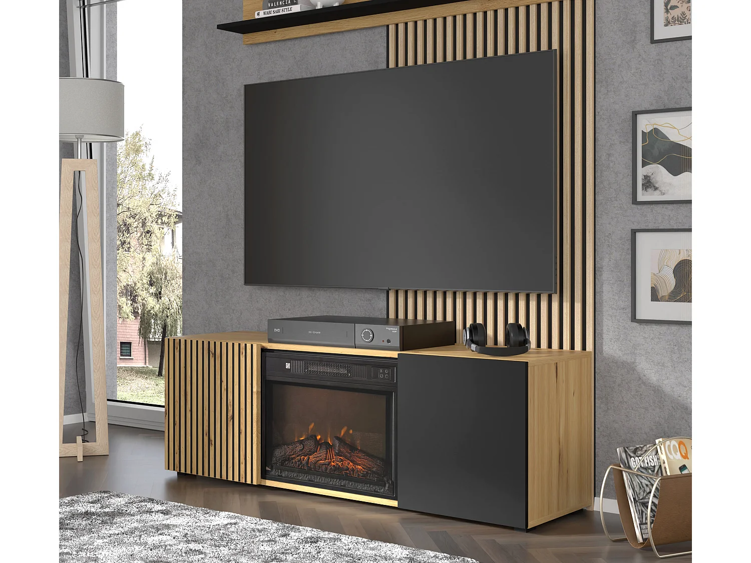 TV-Schrank AURIS 150 cm mit Elektrokamin Eiche Artisan / Schwarz Matt